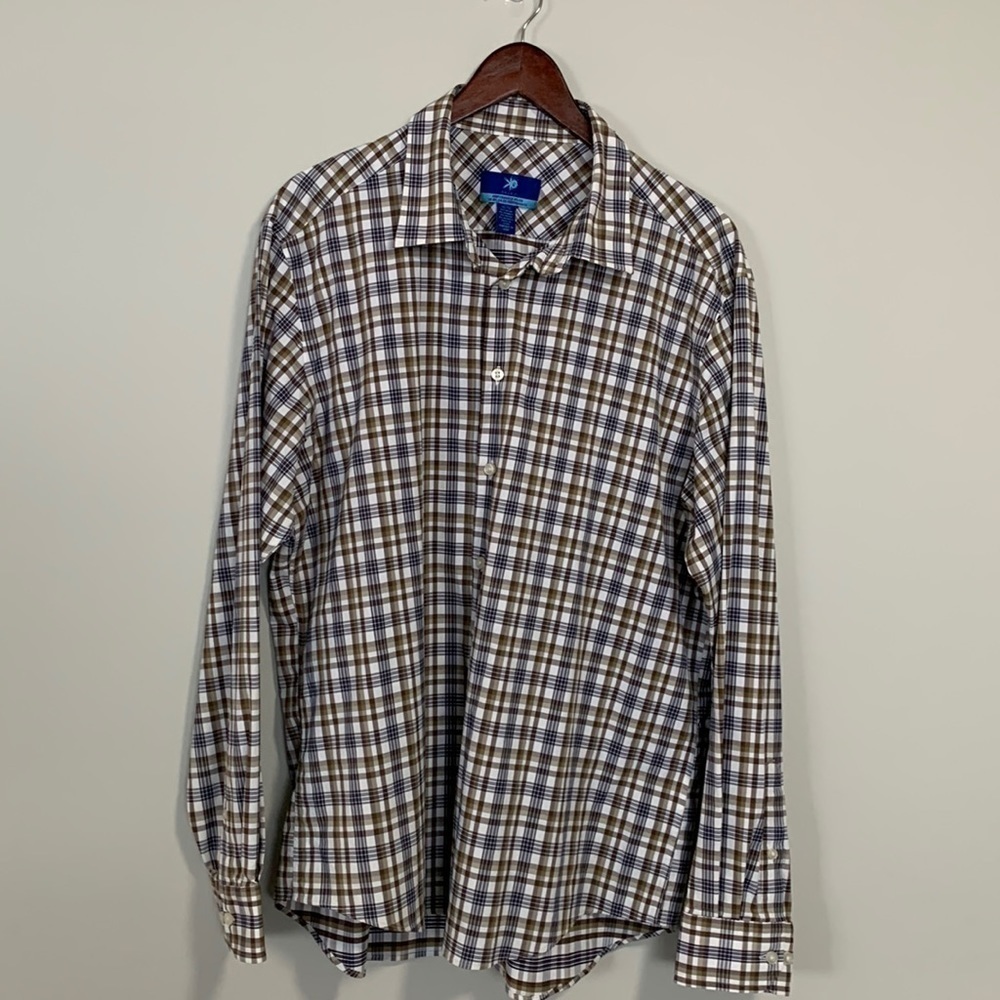 Egara Plaid Performance Nylon Sport Long Sleeve Shirt Size XL Brown & Navy